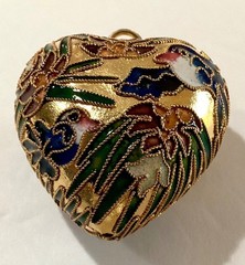 Gold Tone Metal Cloisonne Enamel Puffy Heart Shaped Pendant or Ornament With Box