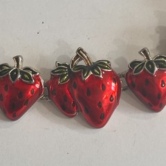 Vtg Slide Charm Bracelet Strawberries Enamel Fun Whimsy Fold Over Clasp