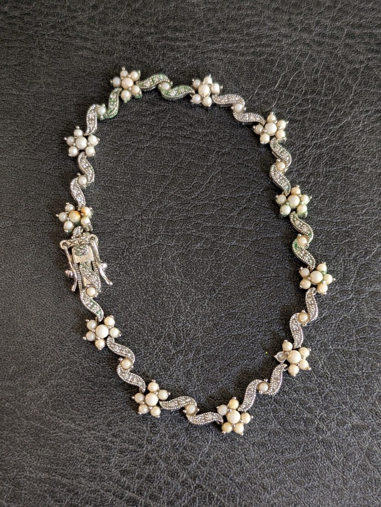 Vintage 1950’s Sterling Silver Bracelet with Faux Pearls 925 Silver