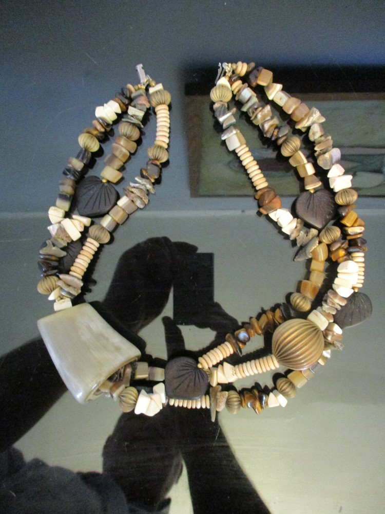 Vintage Chunky Statement Runway Horn Bone Tiger Eye Shell Ethnic Tribal Necklace