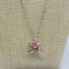 Vintage Fairy Necklace Pendant Pink Wings Silver Tone 23 Inch