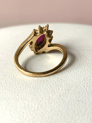 VINTAGE 14K YELLOW GOLD RED NAVETTE MARQUISE CUT GENUINE RUBY AND DIAMONDS RING