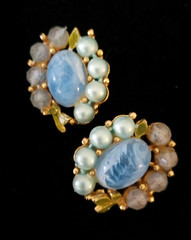 Vintage jewelry pastel blue earrings rhinestone and faux pearl clip on