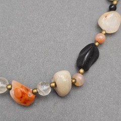Vintage Multi Gemstone Beggar Bead Necklace 20″ Natural Stone Brass Accents