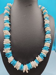 Vintage Natural White and Blue Puka Shells Necklace Barrel Clasp