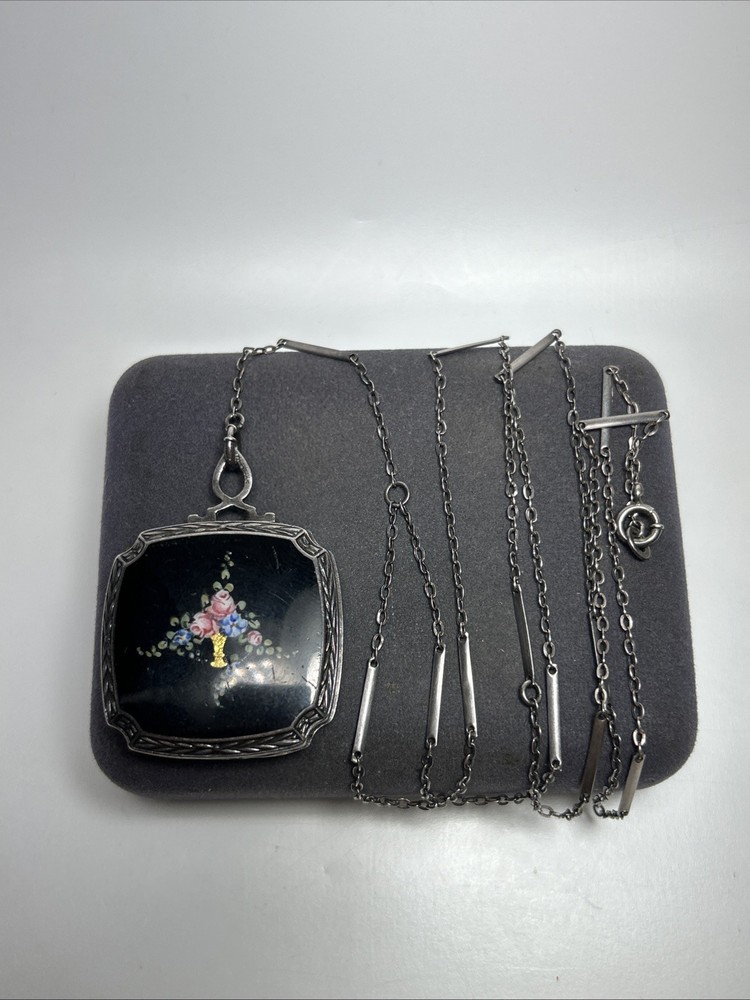 Antique Art Deco Sterling Silver Flower Basket Enamel Locket Necklace