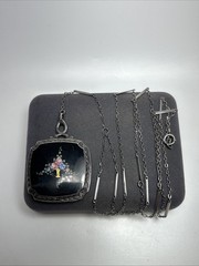Antique Art Deco Sterling Silver Flower Basket Enamel Locket Necklace