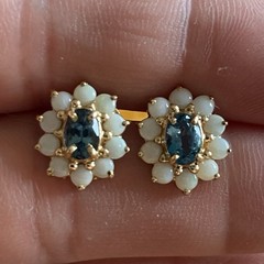 10k Gold London Blue Topaz Earrings with Opal Surround Vintage with Box & Paper