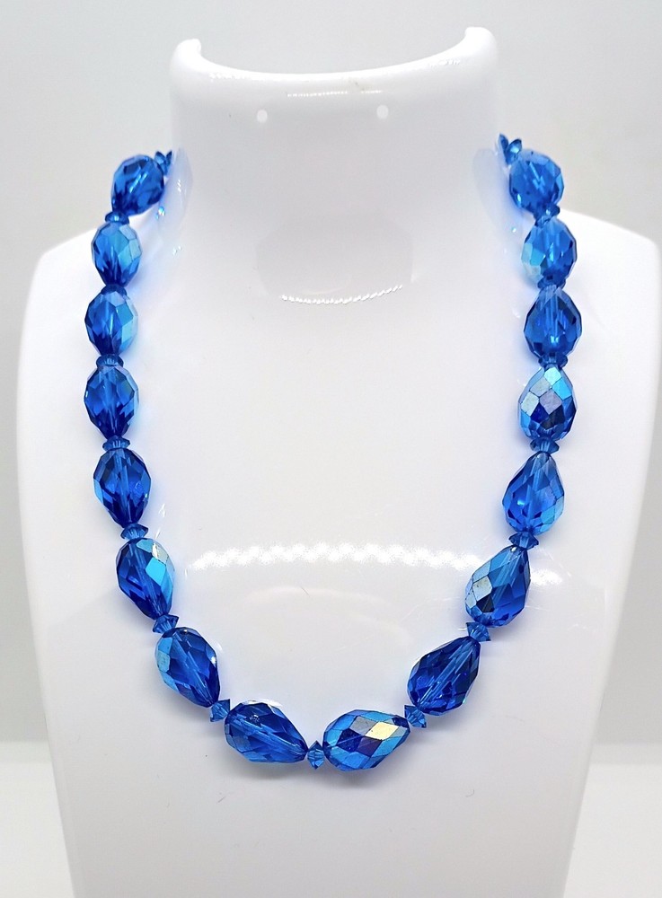 Vintage 1950s-1960s Bright Blue Aurora Borealis Faceted Crystal Choker Necklace
