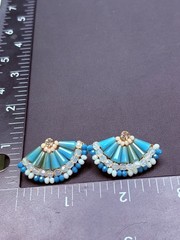 Vintage Aqua Blue Beaded Rhinestone Fan Earrings