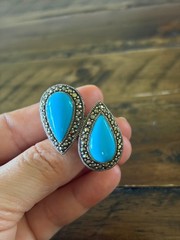 Marcasite Sterlling Silver Chunky Ring, Double Teardrop Turquoise Stone Ring