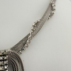 Vintage Mesh Tassel Necklace Rhinestone Silver Tone Dangling Collar