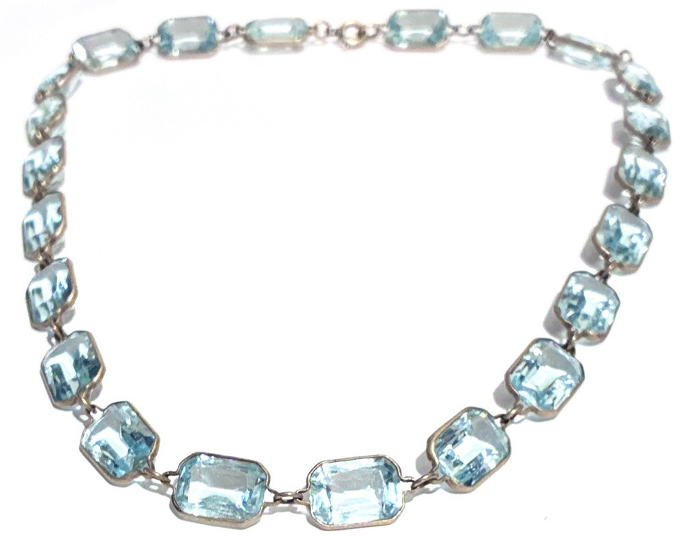 VTG CZECH Blue Bezel Set Rectangle Faceted Crystal GF Brass RIVIÈRE NECKLACE