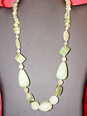 Natural Prehnite Gemstone beads w/Lt Grn Jadite strung & Knotted Necklace 19″ L