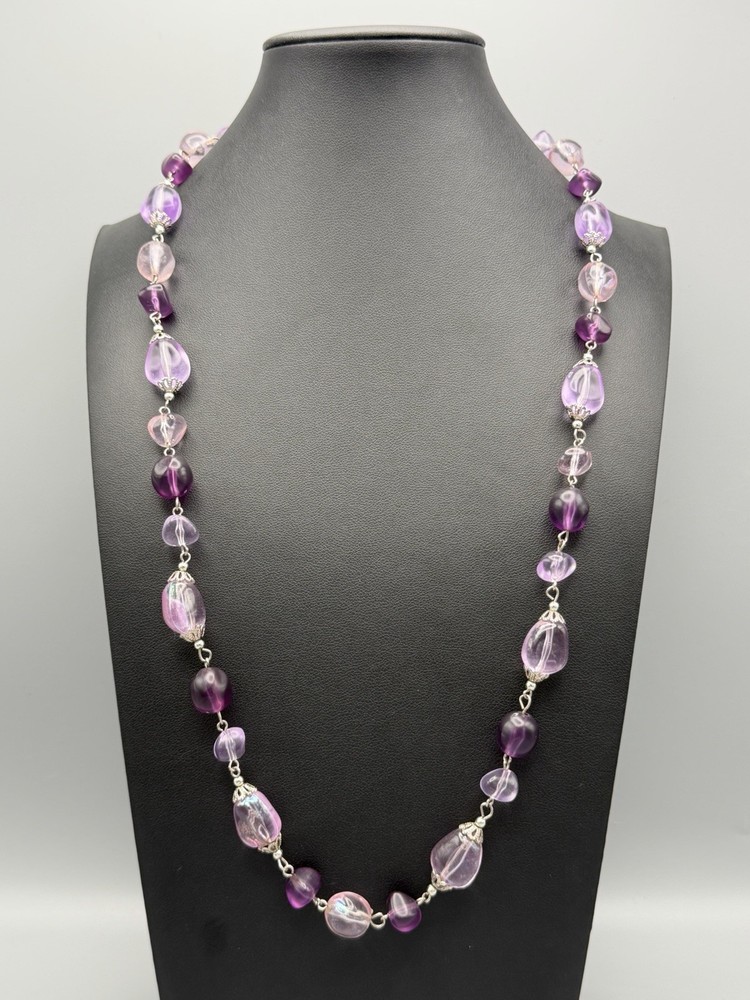 Long Purple Pink Lucite Acrylic Bead Necklace Silver Tone