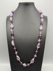Long Purple Pink Lucite Acrylic Bead Necklace Silver Tone