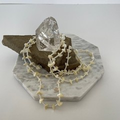 Vtg 80s 90s Beaded Shell Necklace White Long Handmade Beads Mother of Pearl MOP