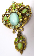 Vintage ART Arthur Pepper Flower Dangle Brooch Teal Glass Gemstones Pin RARE