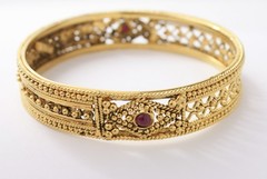 Indian Ornate Gold Tone Bangle Bracelet Hand Made w/ Natural Ruby Stones