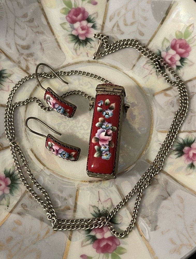 Vintage Russian Finfit Hand Painted Enamel Pillbox Locket & Earring Set