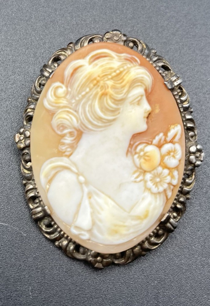 Antique Nouveau Carved PORTRAIT Shell Cameo Brooch Filigree STERLING Silver
