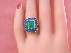 ESTATE ART DECO 2.30 ct EMERALD 4 ctw SAPPHIRE DIAMOND PLATINUM COCKTAIL RING