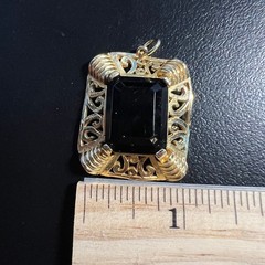 Vintage Edlee Pendant Dark Red Glass Ornate Open Scroll Gold Tone Rectangle