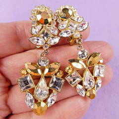 NICE Vintage Signed TONA Crystal Dangle Earrings Icy Clear & Golden Rhinestones