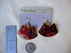 VINTAGE SAMUEL HUANG CLOISONNE BUTTERFLY FLORAL FAN PINK PURPLE & RED EARRINGS