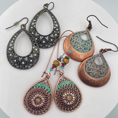 Vintage Copper & Bronze Tone Teardrop Earring Lot 3 Pair Filigree Patina Set