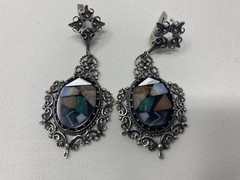 Vintage USSR 925 Sterling Silver Jewelry Set Ring & Earrings Mosaic Stone Video