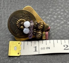 Vintage Brass Tone Asian Coin Cluster 80s Pierced Earrings Semi Precious Chips