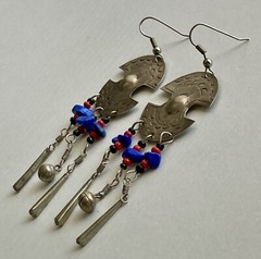 Vintage Lapis Silver Tone Dangling Earrings Large 3.5in Red Black Beads 9.84g