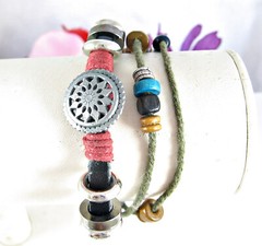 BOHO Wood Beads Silvertone Metal Round STAR Beaded THREE Strands Cording 11″