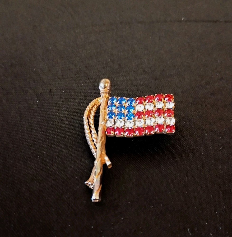 Vintage Red-White-Blue Rhinestone American Flag Pin w/Gold Tassel