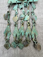 Vtg Gabriella Ceramic Face Art Brooch Verdigris Metal Dangle Fancy Lady Big Eyes
