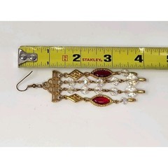 Gold Tone Clear AB Crystal & Red Marquise Glass Dangle Drop Earrings 4″ Long VTG