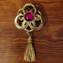Vintage Rope and Tassel Brooch Pin Red Pink Stone 3.5 Inches Long Gold Tone