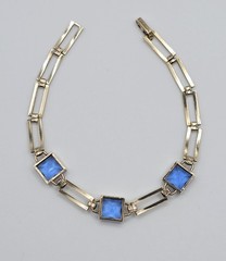 Vintage Simmons Art Deco Gold Filled Bracelet Blue Glass Square Link