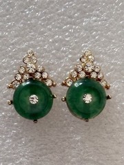 Vintage Gold Tone Costume Faux Jade Stone Button Pierced Plastic Earrings .5”
