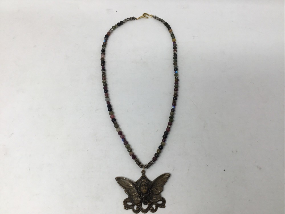 Boho Art Nouveau Goddess Butterfly Bronze Tone Beaded Necklace Jasper Hematite