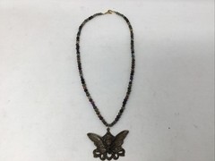 Boho Art Nouveau Goddess Butterfly Bronze Tone Beaded Necklace Jasper Hematite