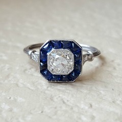 Vintage Art Deco Lab Created Diamond & Sapphire Halo Target 925 Silver Ring