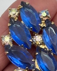 Vintage Blue Navette and Clear Prong-Set Rhinestone Brooch Open Back, Not Signed