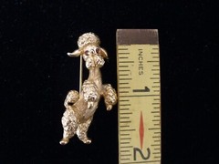 Vintage Signed LG Lind-Gal Dancing Poodle Dog Red Crystal Eyes Gold Tone Pin