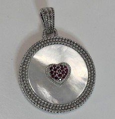 Judith Ripka Round MOP Sterling Enhancer Pendant w/ Pave Ruby Heart