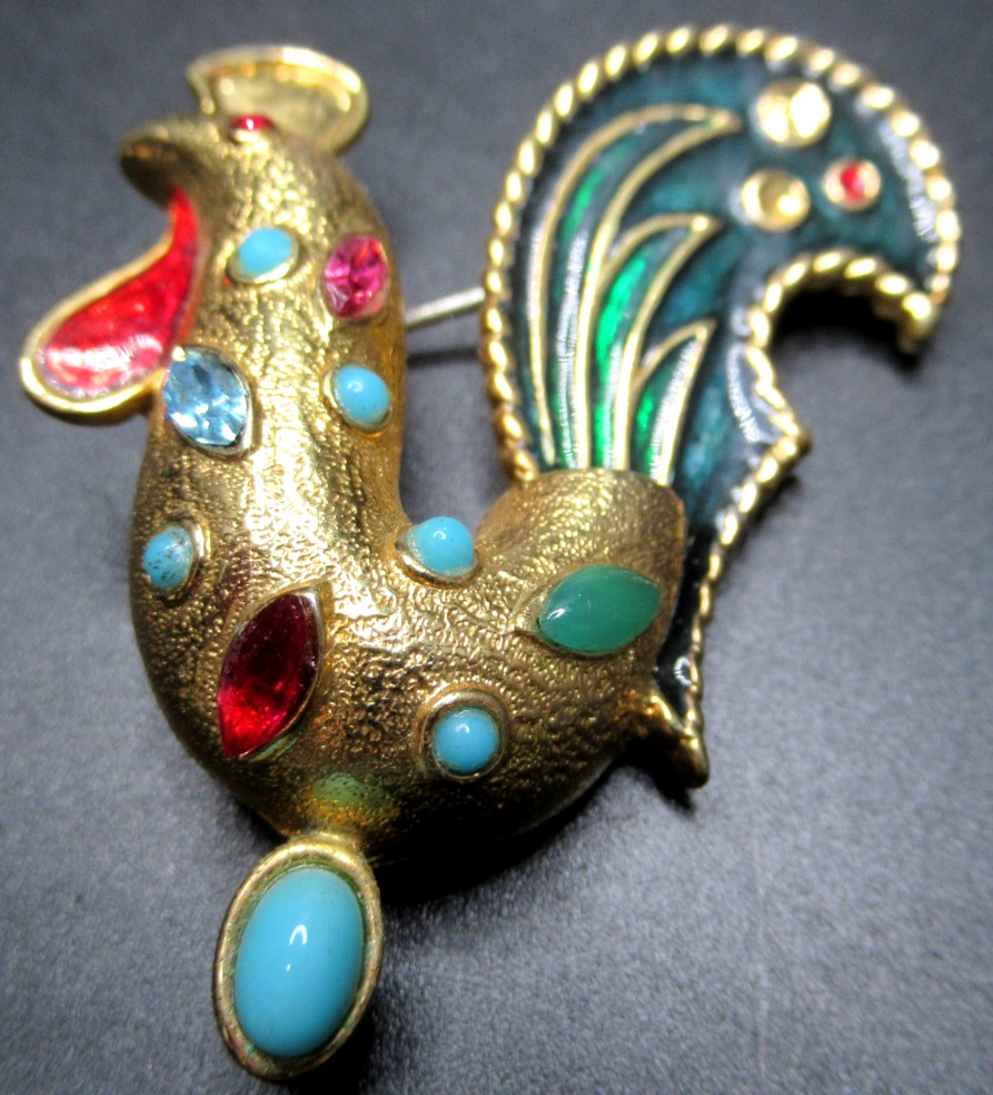 JOMAZ Enamel Rhinestone Rooster Vintage Pin Brooch READ!