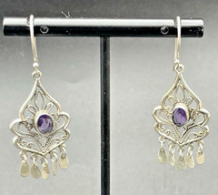 Vintage 925 Sterling Amethyst Drop Dangle Chandelier Pierced Earring French Wire