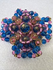 VTG Ruffled Wired Crystal & Brass Filigree Maltese Cross Brooch Vendome Style