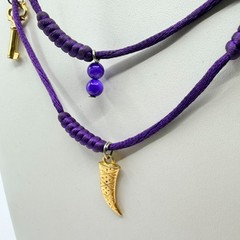 VTG Purple Silk Cord Multi Charm Layered Necklace Gold Tone Key Heart Italian